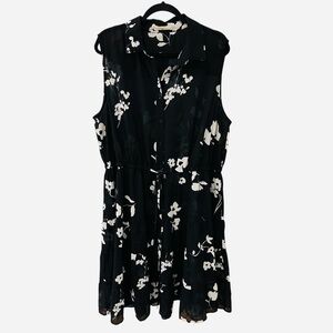 Wayward Fancies sheer sleeveless black white floral button down tiered dress